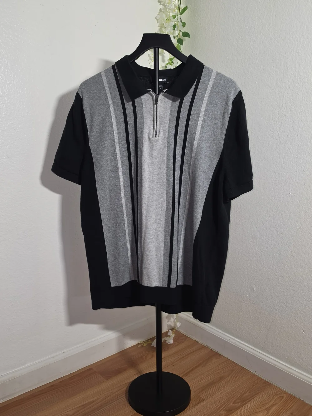 Express Black and Gray Vertical-Stripe Zip Polo